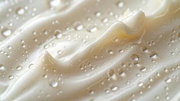 AI generated A close-up of milk droplets on a sleek, white surface, highlighting its silky texture. photo