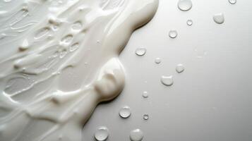 ai generado un de cerca de Leche gotas en un pulcro, blanco superficie, destacando sus sedoso textura. foto