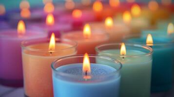 AI generated An array of colorful candles on a simple background adds warmth and charm to any event photo