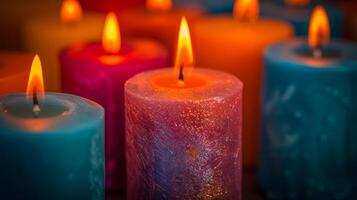 AI generated An array of colorful candles on a simple background adds warmth and charm to any event photo