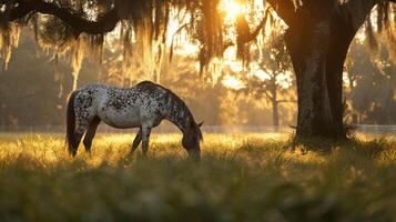 AI generated A speckled Appaloosa horse grazes beneath a canopy of dappled sunlight photo