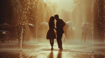 AI generated Love shines through as a couple twirls in a downpour, laughing joyously photo