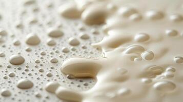 AI generated A close-up of milk droplets on a sleek, white surface, highlighting its silky texture. photo