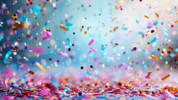 AI generated A simple yet lively setting adorned with confetti bursts and colorful streamers for a jubilant celebration photo