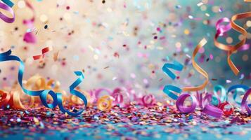 ai generado un sencillo aún animado ajuste adornado con papel picado estallidos y vistoso serpentinas para un jubiloso celebracion foto