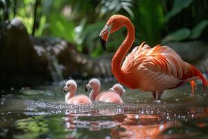 AI generated A pair of adult flamingos tends to their downy, newborn chicks, a heartwarming family scene photo