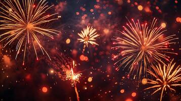 AI generated A dark, minimalistic backdrop lights up with the dazzling display of fireworks, evoking celebration photo