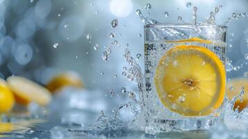 AI generated A lemon half plunges into a crystal-clear glass of water, capturing a refreshing moment photo