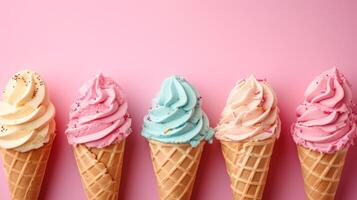 AI generated Pastel-hued ice cream cones on a simple background evoke the joy of summer treats photo