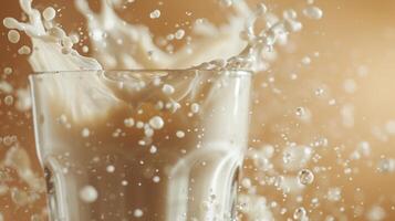 AI generated Milk flows gracefully, resembling a silky ribbon, as it fills a clear glass. large copyspace area photo