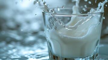 AI generated Milk flows gracefully, resembling a silky ribbon, as it fills a clear glass. large copyspace area photo