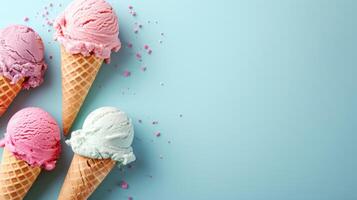 AI generated Pastel-hued ice cream cones on a simple background evoke the joy of summer treats photo