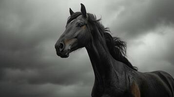 ai generado un poderoso, ébano caballo soportes alto en contra un dramático, nublado cielo foto