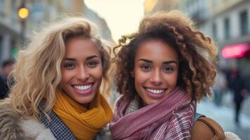 AI generated Stunning city fashionistas, capturing the essence of the urban landscape with bright smiles photo