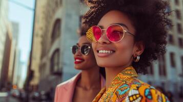 AI generated Stunning city fashionistas, capturing the essence of the urban landscape with bright smiles photo