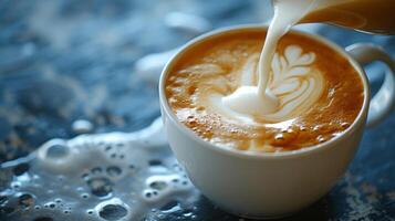 AI generated A tranquil scene of milk being poured into a cup of coffee, blending together with elegance photo