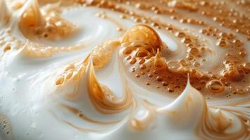 AI generated Distinct patterns emerge when milk meets a pool of coffee, creating beautiful designs photo