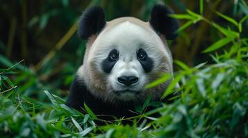 AI generated A fluffy giant panda lounges on lush bamboo shoots, its fur contrasting starkly with the greenery photo