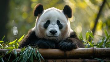 ai generado un mullido gigante panda salones en lozano bambú dispara, sus piel contrastando crudamente con el verdor foto