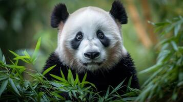 ai generado un mullido gigante panda salones en lozano bambú dispara, sus piel contrastando crudamente con el verdor foto