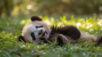 ai generado un panda cachorro se cae y rollos en el juguetón inocencia de juventud foto