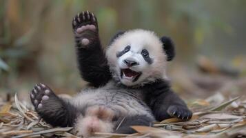 ai generado un panda cachorro se cae y rollos en el juguetón inocencia de juventud foto