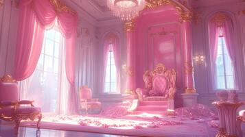 ai generado un real rosado trono adornado con piedras preciosas toma centrar etapa en un prodigar foto