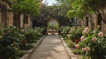 ai generado lozano floraciones rodear un oculto patio dentro el del castillo paredes foto