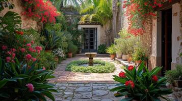 AI generated Lush blooms surround a hidden courtyard within the castle's walls photo