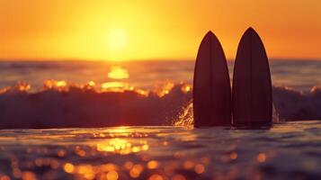 ai generado minimalista tabla de surf siluetas en contra un radiante puesta de sol capturar el emoción de el playa foto