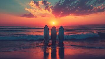 ai generado minimalista tabla de surf siluetas en contra un radiante puesta de sol capturar el emoción de el playa foto