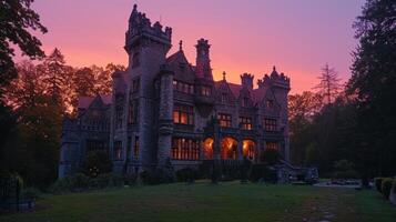 AI generated The castle is bathed in a soft, rosy glow as the sun sets, a fairytale vision come to life photo