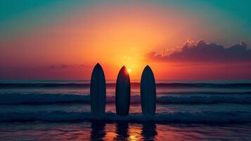 AI generated Minimalistic surfboard silhouettes against a radiant sunset capture the thrill of the beach photo