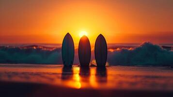 ai generado minimalista tabla de surf siluetas en contra un radiante puesta de sol capturar el emoción de el playa foto