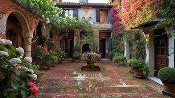 ai generado lozano floraciones rodear un oculto patio dentro el del castillo paredes foto