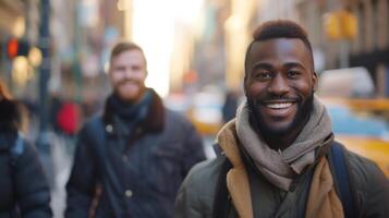 ai generado afable hombres caminar ciudad calles, mirando dentro el cámara con radiante sonrisas foto