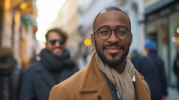 AI generated Suave men walk city streets, looking into the camera with radiant smiles photo