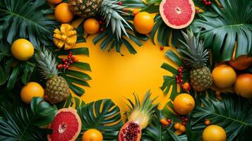 ai generado un Estallar de tropical follaje y vibrante frutas conjunto el etapa para un dinámico, exótico celebracion foto
