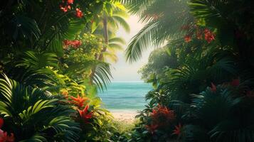 AI generated Exotic flora lines the coast, creating a lush, tropical paradise photo