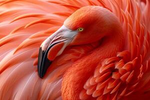 AI generated A close-up showcases the fiery hues of a flamingo's feathers, a testament to nature's artistry photo