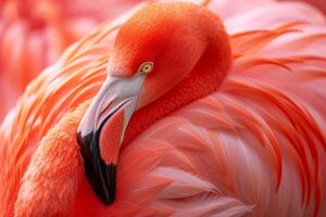 AI generated A close-up showcases the fiery hues of a flamingo's feathers, a testament to nature's artistry photo