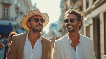 ai generado afable hombres caminar ciudad calles, mirando dentro el cámara con radiante sonrisas foto