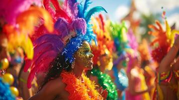 ai generado un caleidoscopio de colores llena el calles como flotadores y intérpretes danza en el carnaval procesión foto