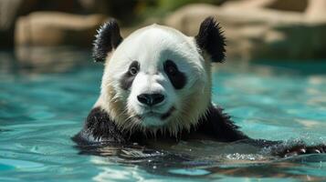 ai generado un panda disfruta un sin prisa Sumergir en un Frío, refrescante piscina. grande copyspace zona foto