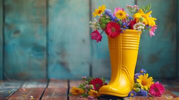 ai generado un brillante amarillo lluvia bota lleno con vistoso primavera flores foto