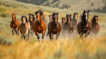 AI generated A herd of wild horses gallops freely across a sweeping, untouched landscape photo