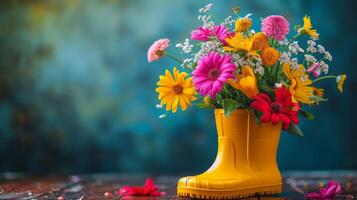 ai generado un brillante amarillo lluvia bota lleno con vistoso primavera flores foto