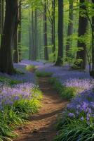 AI generated Wild bluebells carpeting a forest floor, creating a magical woodland scene photo