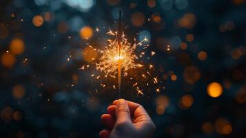 AI generated A close-up of a hand holding a sparkler, with the sparks illuminating a dark background photo