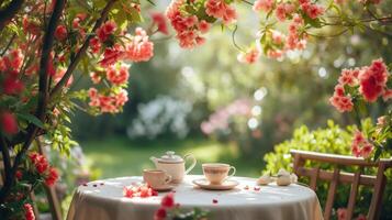 AI generated A cozy outdoor tea party set amidst a garden of budding blooms photo